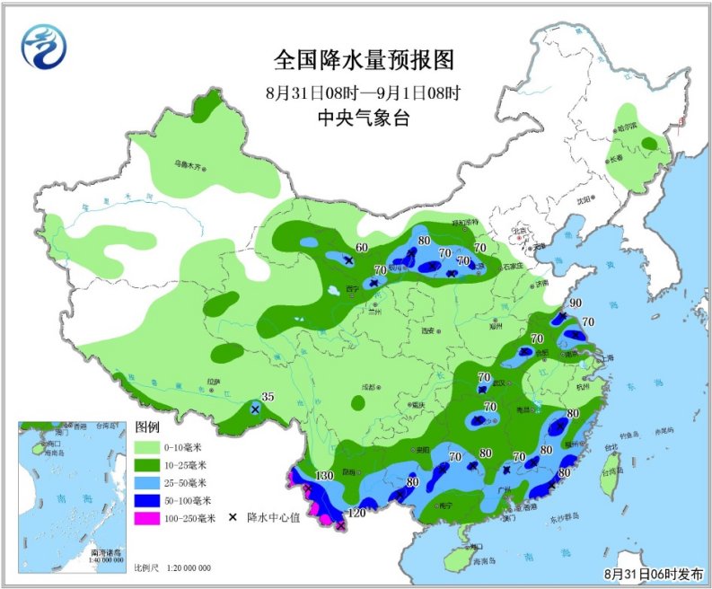 华南东部沿海云南等地有大到暴雨 西北地区东部内蒙古等地有较强降水