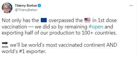 欧盟官员：欧盟在第一剂新冠疫苗接种速度上超过美国